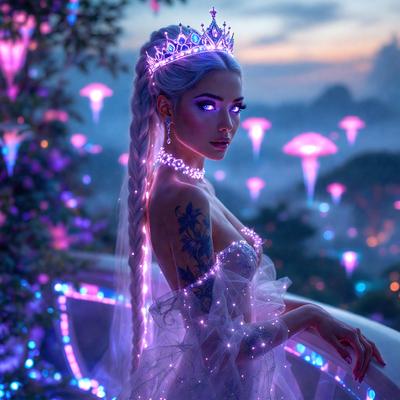 The primary subject of the image is a woman wearing a crown and a white dress. She is standing on a balcony, which serves as the setting for the scene. The visual style of the image is a combination of digital art and illustration, creating a unique and artistic atmosphere. The dominant colors in the image are purple and blue, which contribute to the overall mood of the scene.